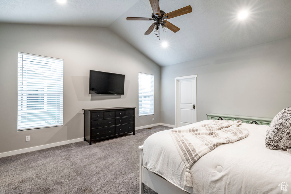 Bedroom featuring carpet flooring, a ceiling fan, recessed lighting, and high vaulted ceiling