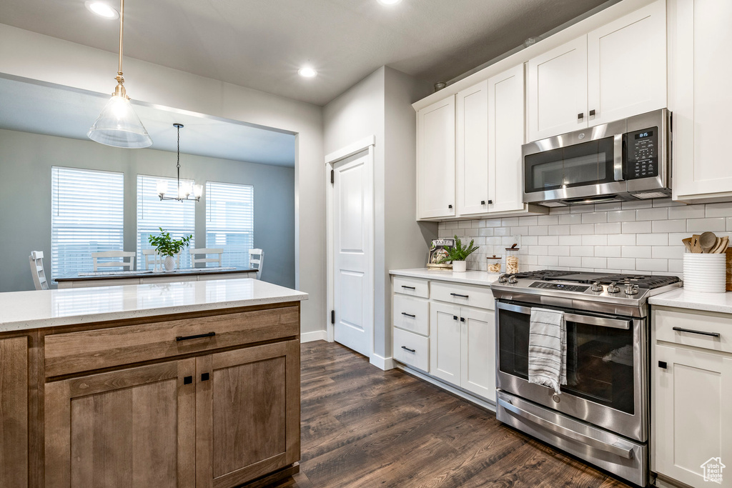 Kitchen with stainless steel appliances, dark wood-type flooring, decorative backsplash, recessed lighting, and decorative light fixtures