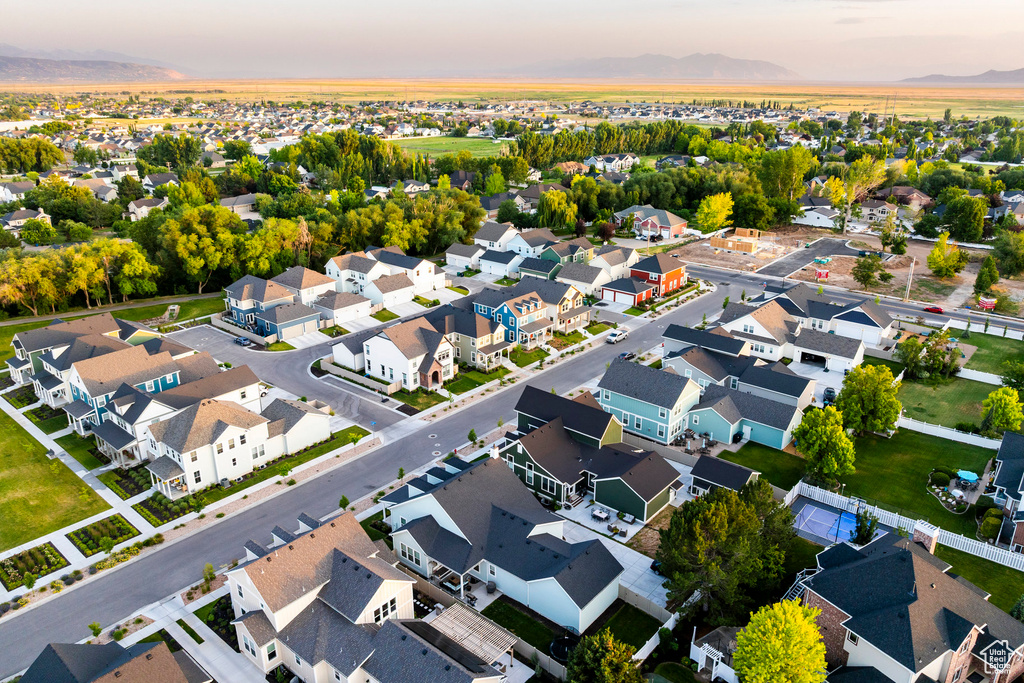 Aerial perspective of suburban area with mountains