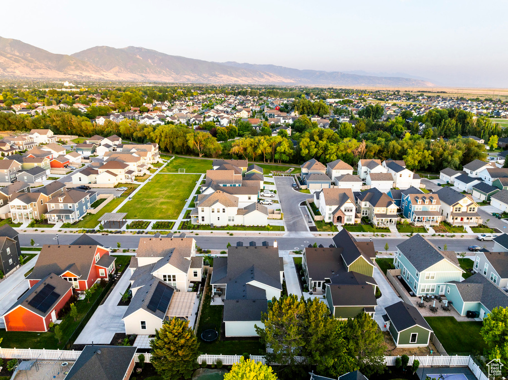 Aerial view of residential area with a mountain backdrop
