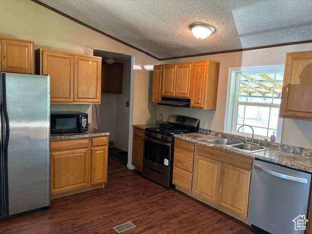 Kitchen with appliances with stainless steel finishes, exhaust hood, ornamental molding, vaulted ceiling, and a textured ceiling
