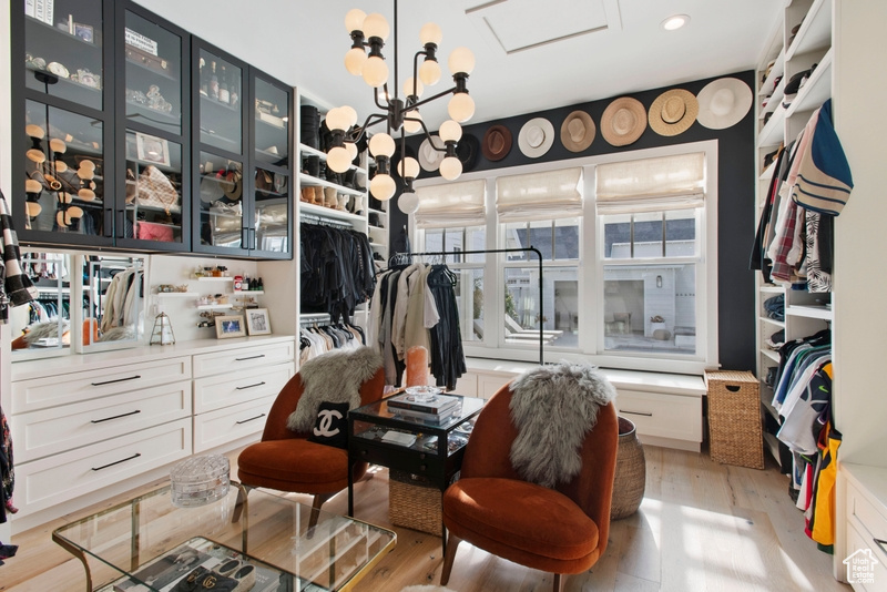 Spacious closet featuring light wood-style floors and attic access