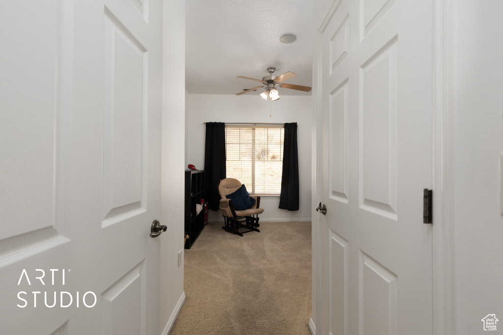 Interior space with light colored carpet and baseboards