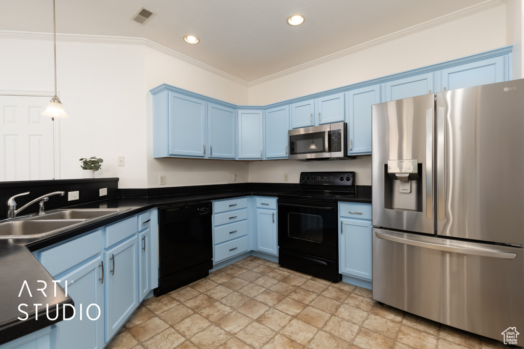 Kitchen featuring black appliances, blue cabinets, stone finish flooring, recessed lighting, and ornamental molding