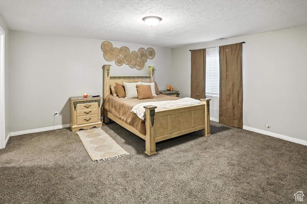 Bedroom with a textured ceiling and carpet flooring