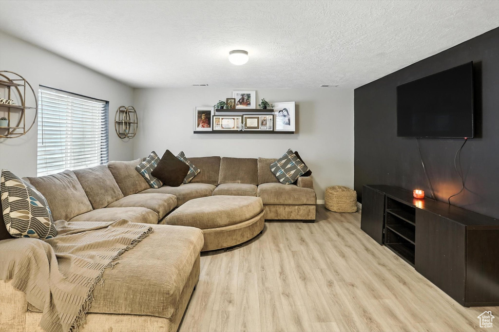 Living room featuring wood finished floors and a textured ceiling