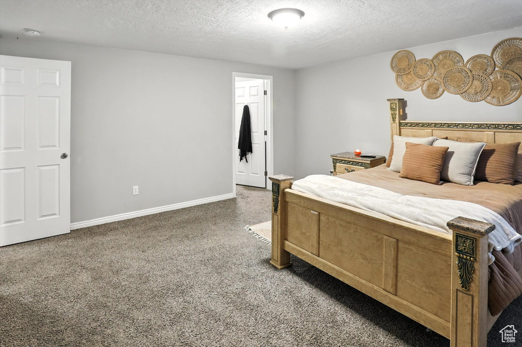 Carpeted bedroom with a textured ceiling