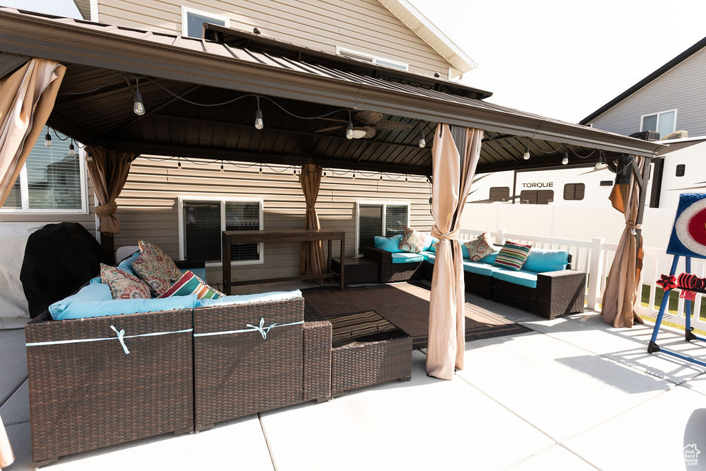 View of patio / terrace with a gazebo and an outdoor living space