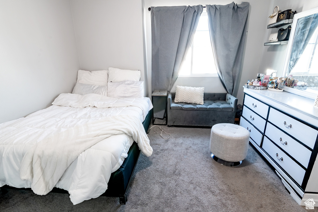 Bedroom with carpet and multiple windows