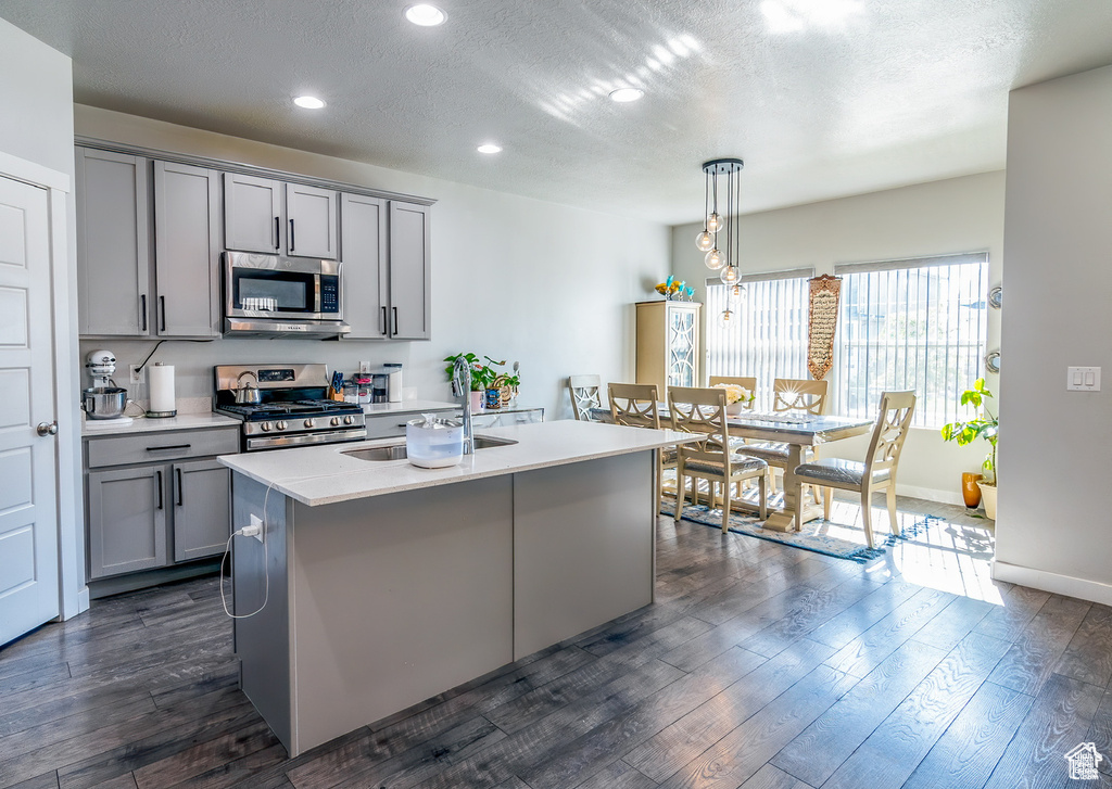 Kitchen with stainless steel appliances, gray cabinets, recessed lighting, light countertops, and an island with sink