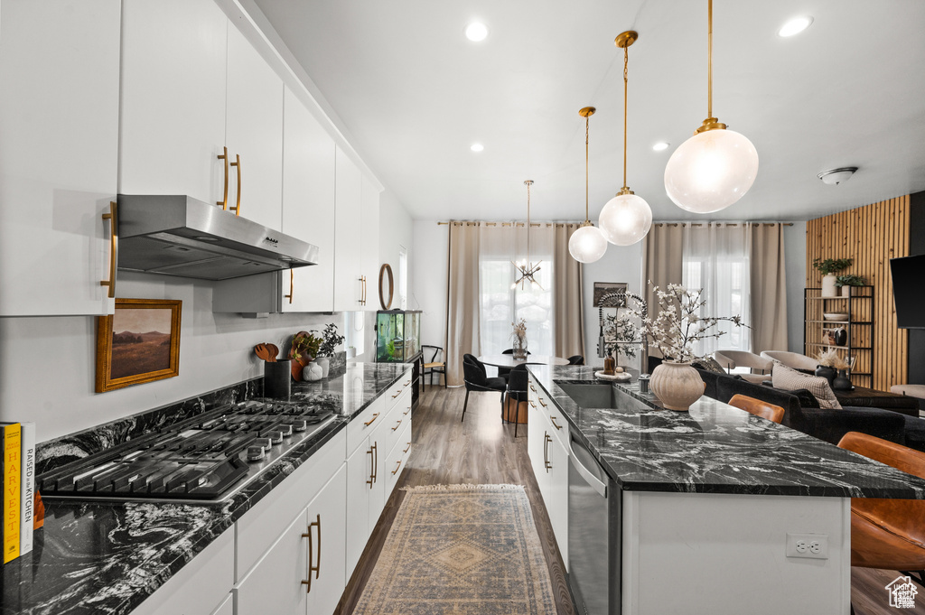 Kitchen with under cabinet range hood, appliances with stainless steel finishes, a kitchen island, open floor plan, and recessed lighting