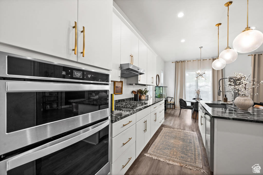 Kitchen featuring appliances with stainless steel finishes, dark wood finished floors, under cabinet range hood, white cabinetry, and pendant lighting
