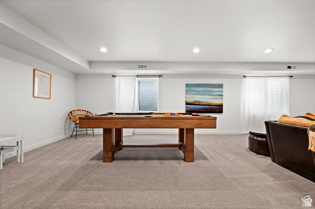 Rec room featuring light colored carpet and recessed lighting