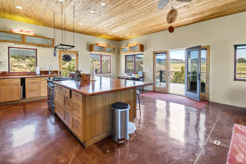 Kitchen featuring wood ceiling, finished concrete floors, stainless steel range, recessed lighting, and plenty of natural light