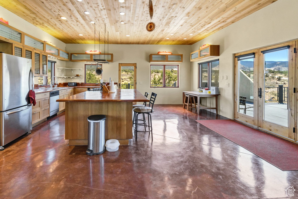 Kitchen with appliances with stainless steel finishes, recessed lighting, plenty of natural light, wooden ceiling, and concrete flooring