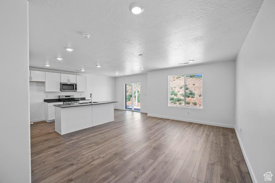 Kitchen featuring stainless steel appliances, white cabinets, open floor plan, wood finished floors, and dark countertops