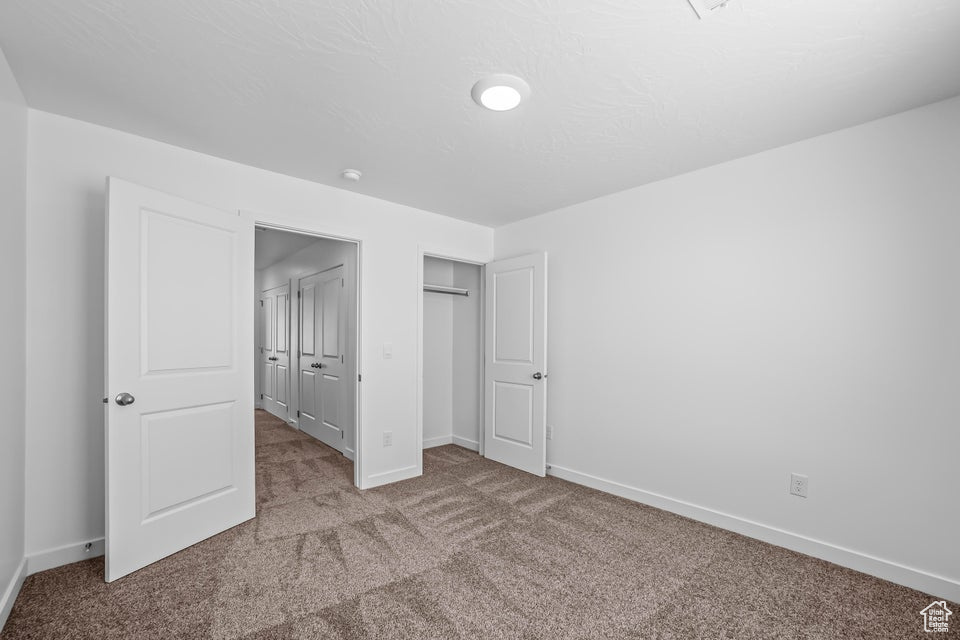 Unfurnished bedroom featuring carpet flooring and a closet