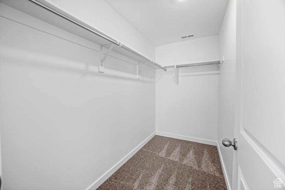 Walk in closet with dark colored carpet