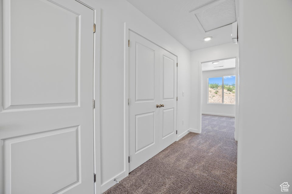 Corridor with carpet floors and attic access