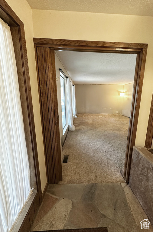 Hallway with carpet flooring and a textured ceiling