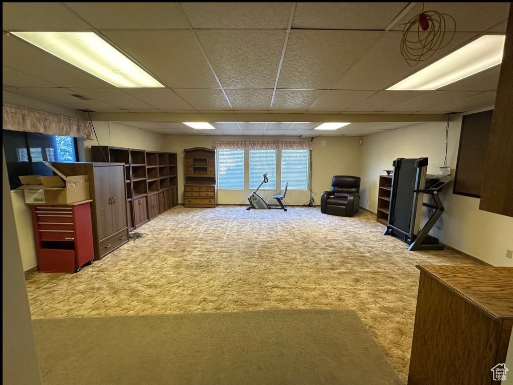 Basement with a drop ceiling and carpet floors
