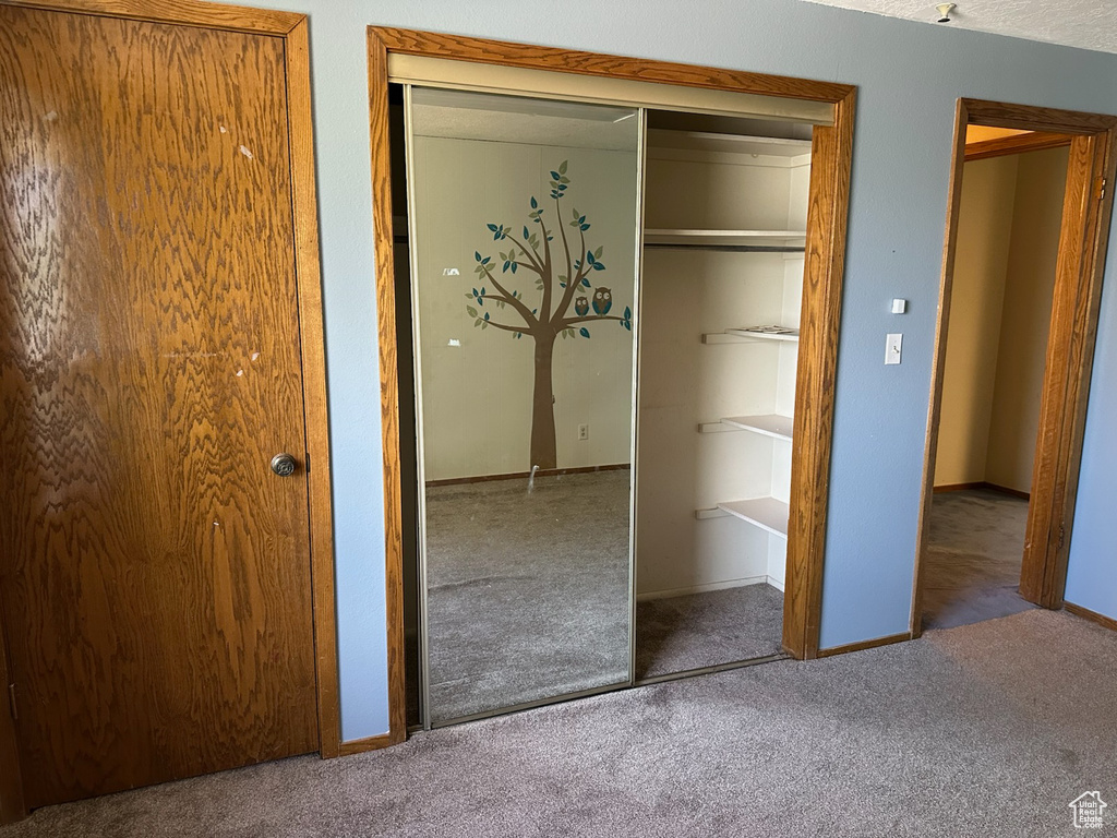 Unfurnished bedroom featuring carpet flooring and a closet