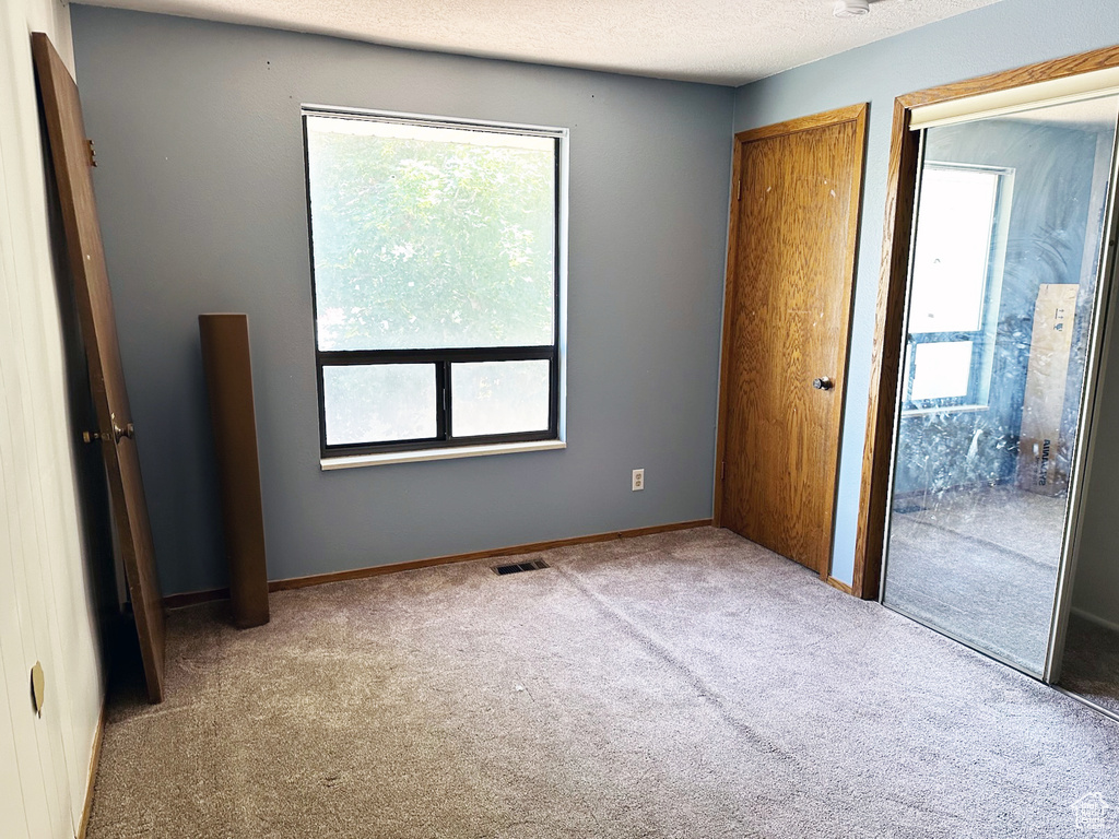 Unfurnished bedroom with carpet floors, multiple windows, two closets, and a textured ceiling