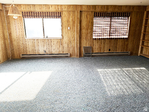 Carpeted spare room with a baseboard radiator and wooden walls