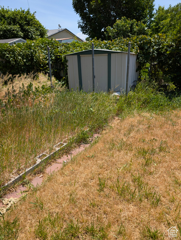 View of yard featuring a storage shed
