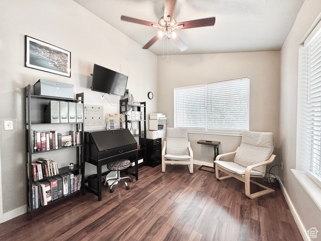 Home office with wood finished floors and ceiling fan