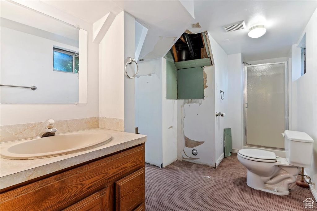 Bathroom featuring a shower stall and vanity