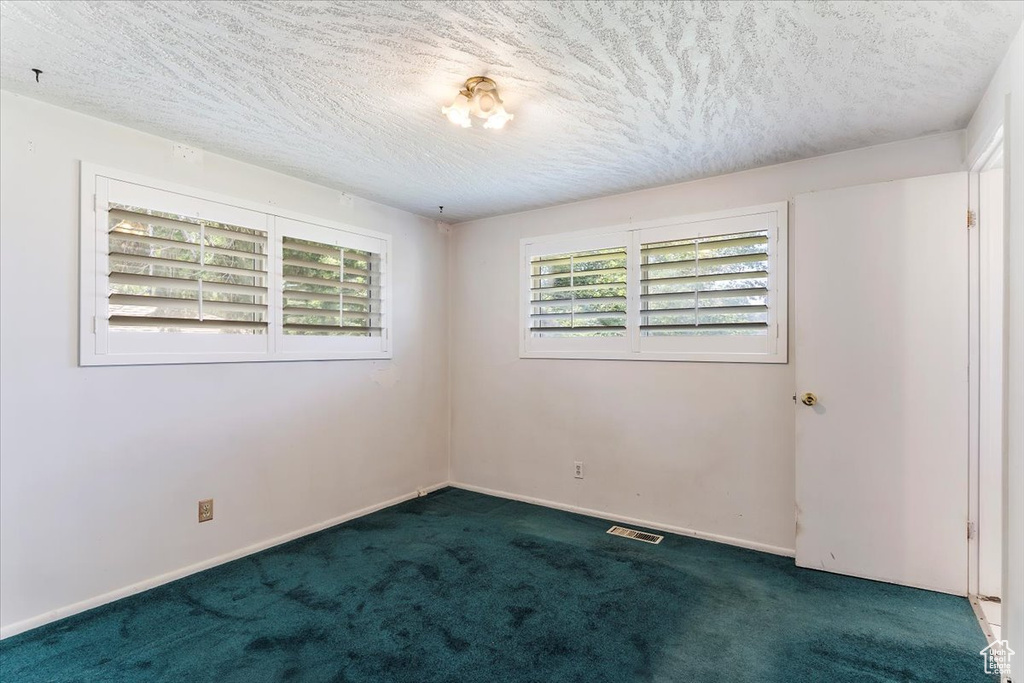 Unfurnished room with carpet and a textured ceiling