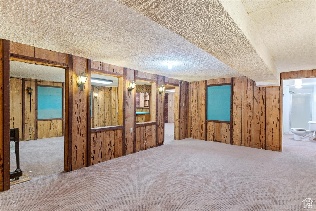 Finished basement featuring carpet floors, a textured ceiling, and wood walls