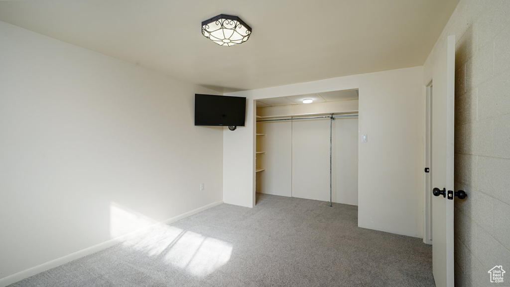 Unfurnished bedroom featuring carpet floors and a closet