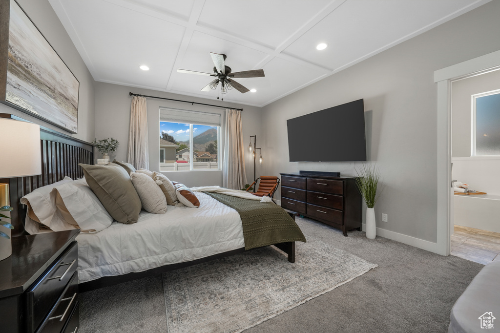 Bedroom featuring coffered ceiling, light colored carpet, recessed lighting, and ceiling fan