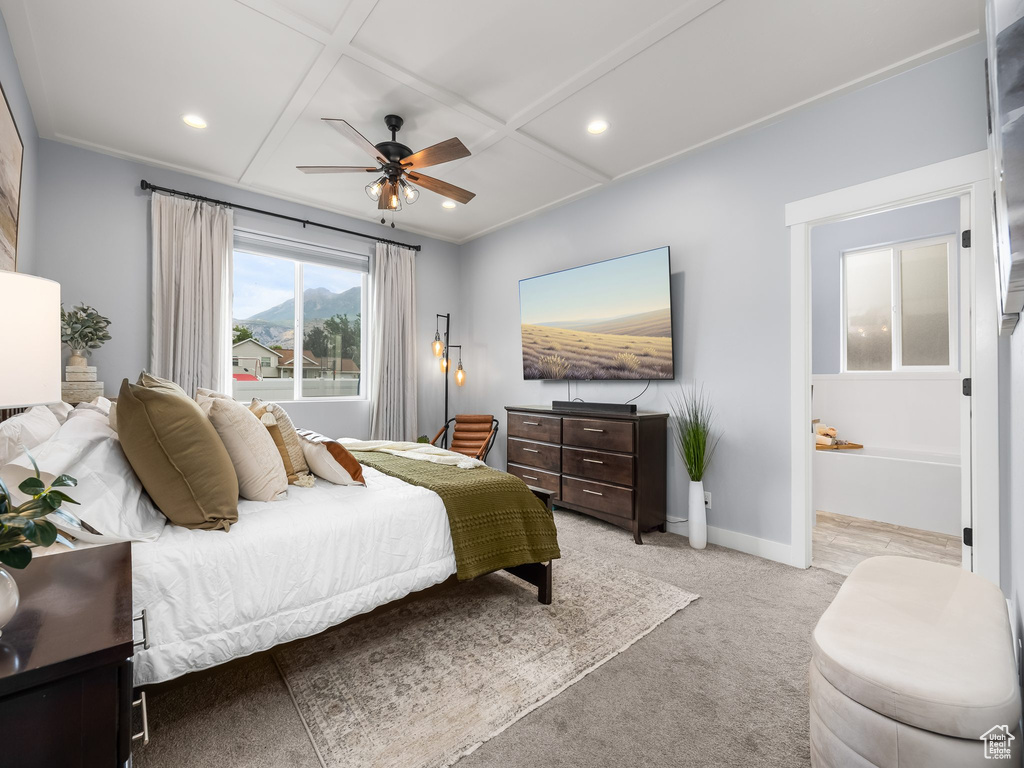 Bedroom featuring light carpet, recessed lighting, coffered ceiling, and ceiling fan