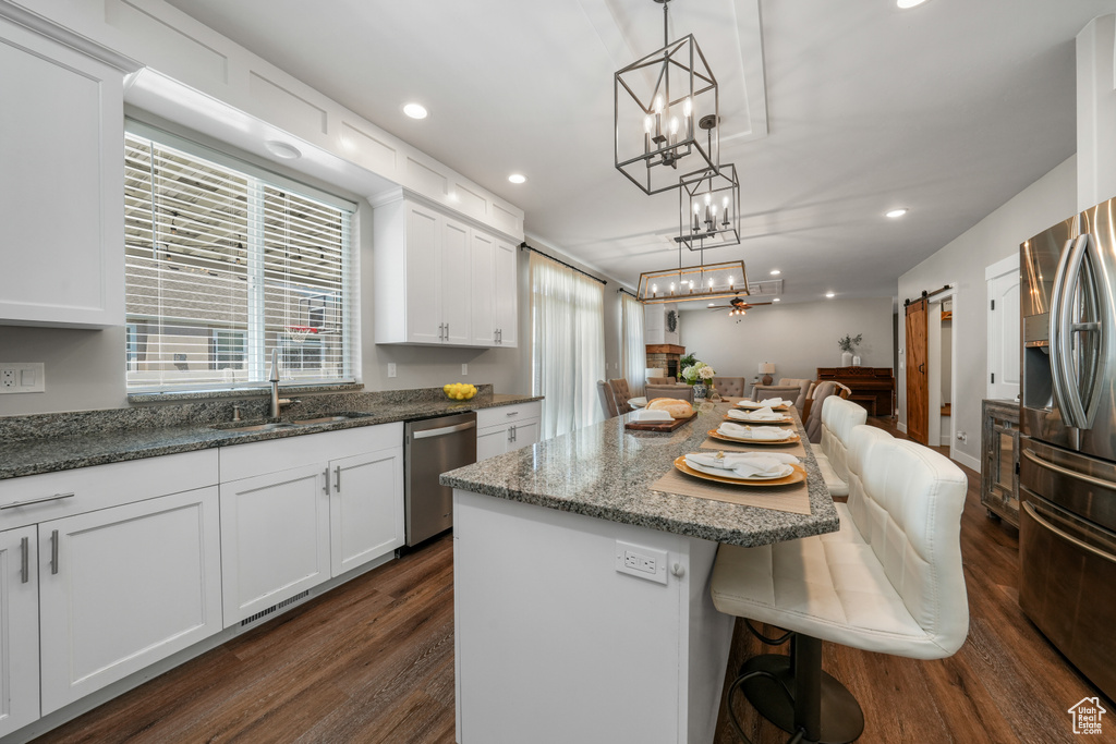 Kitchen featuring stainless steel appliances, dark wood finished floors, recessed lighting, a breakfast bar, and a barn door