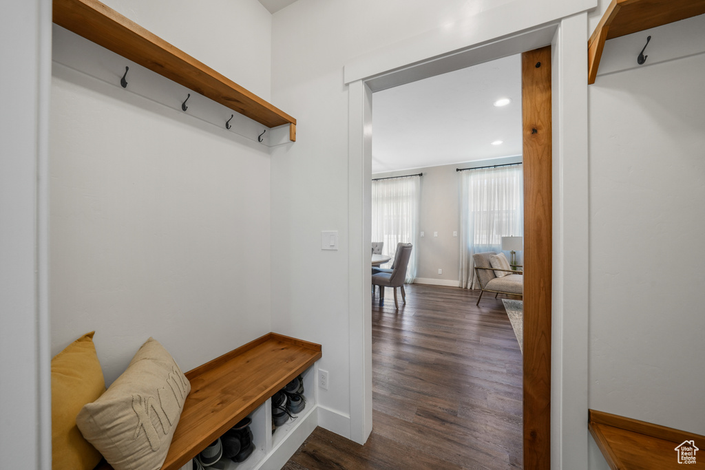 Mudroom with dark wood-style floors and recessed lighting