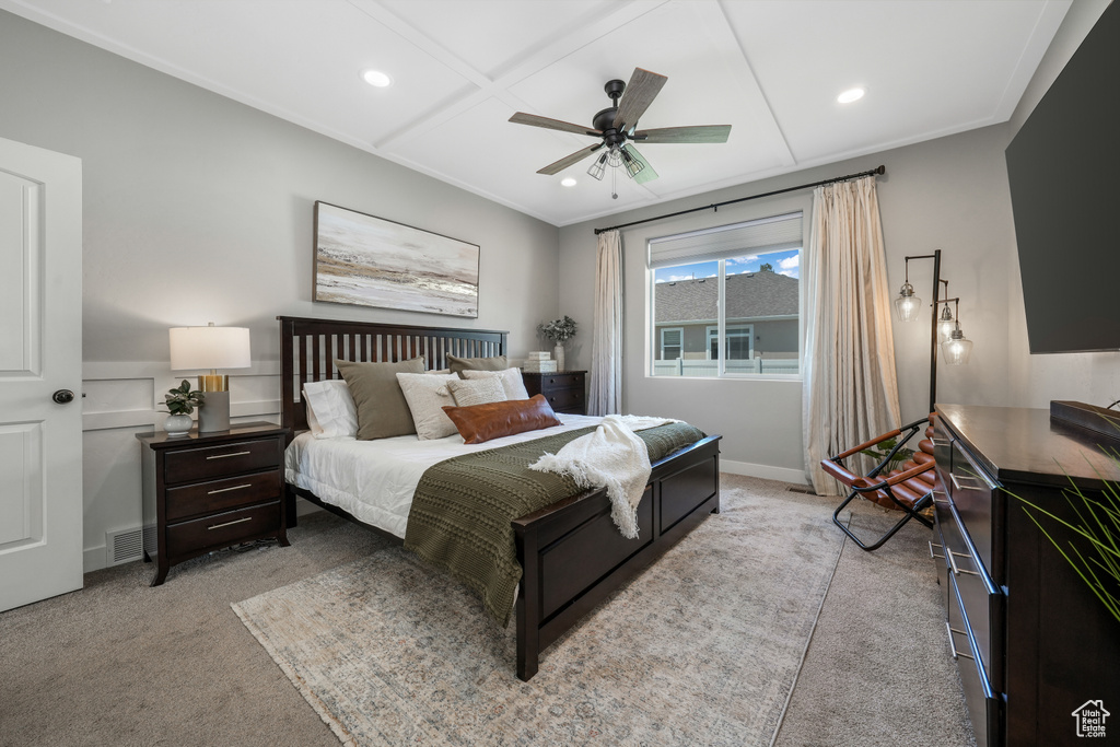 Bedroom with light carpet, recessed lighting, and ceiling fan