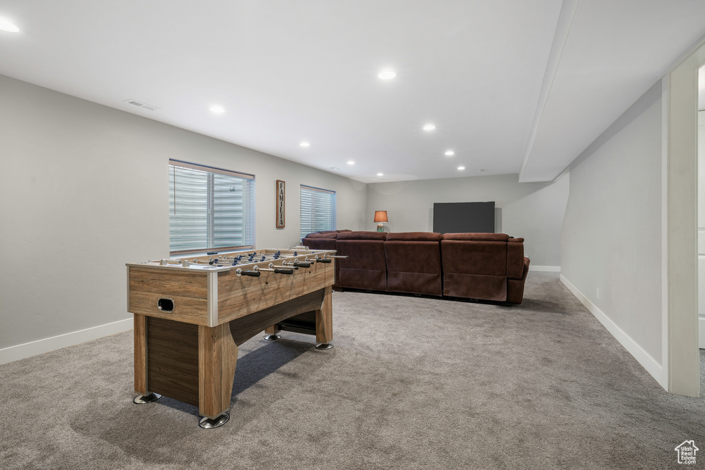 Rec room featuring carpet floors and recessed lighting