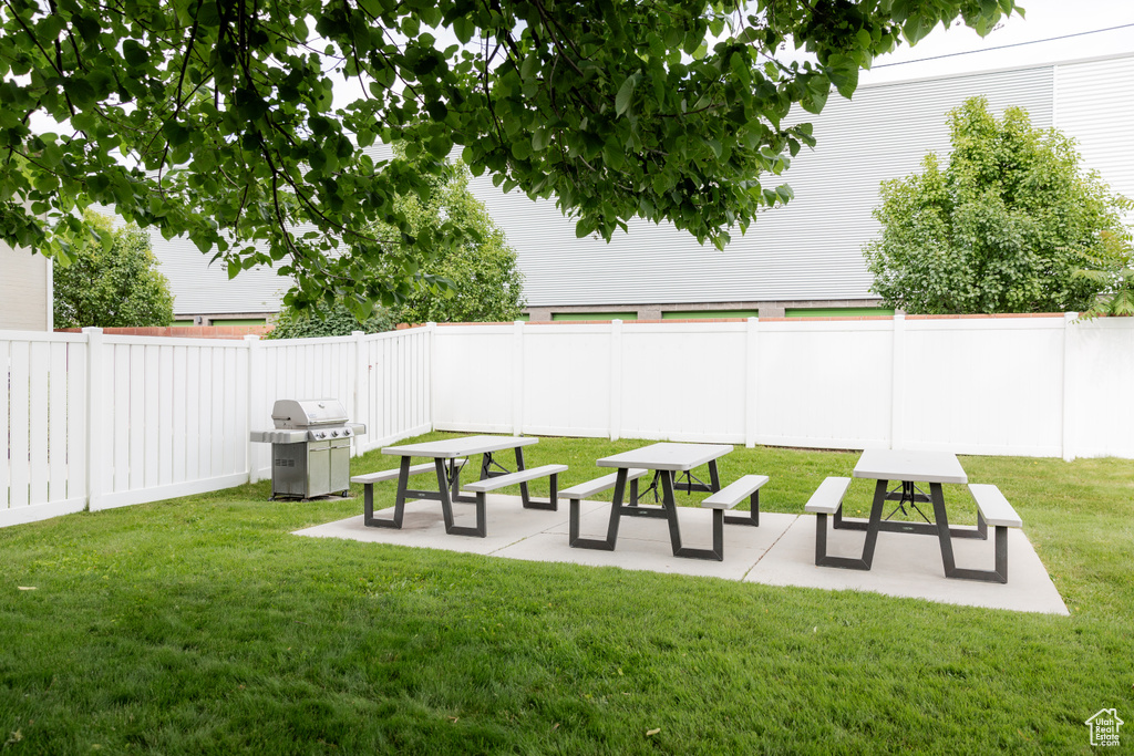 Fenced backyard with a patio area