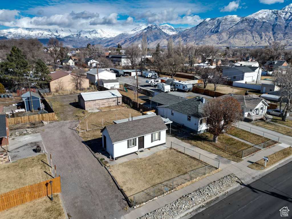 Aerial view of residential area with a mountain backdrop