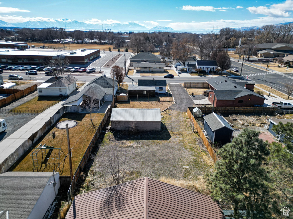 Aerial perspective of suburban area with mountains