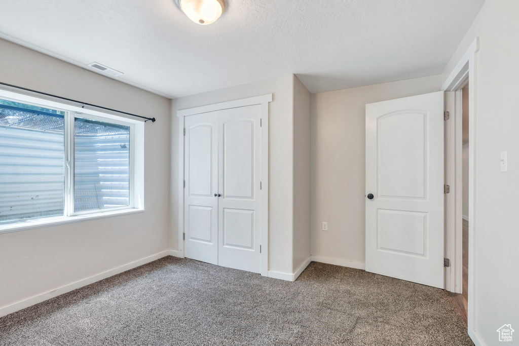 Unfurnished bedroom with multiple windows, carpet, and a closet