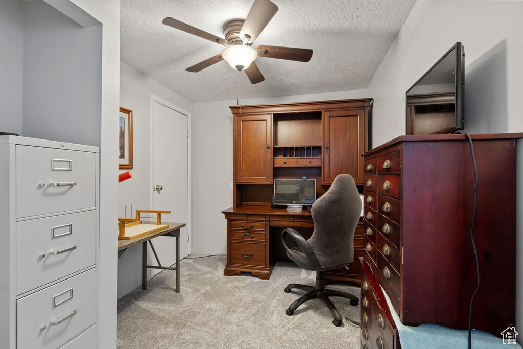 Home office featuring light colored carpet, a textured ceiling, and ceiling fan