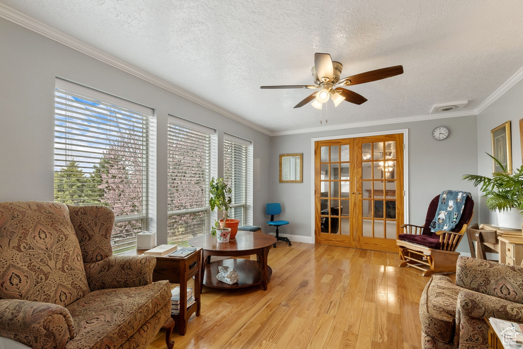 Living area with ceiling fan, light wood finished floors, ornamental molding, and a textured ceiling