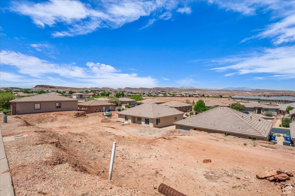 Aerial perspective of suburban area with mountains