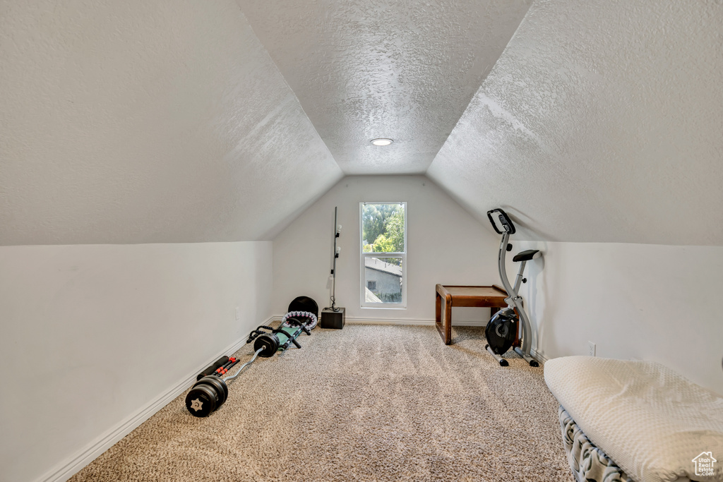 Exercise area featuring a textured ceiling, carpet floors, and vaulted ceiling
