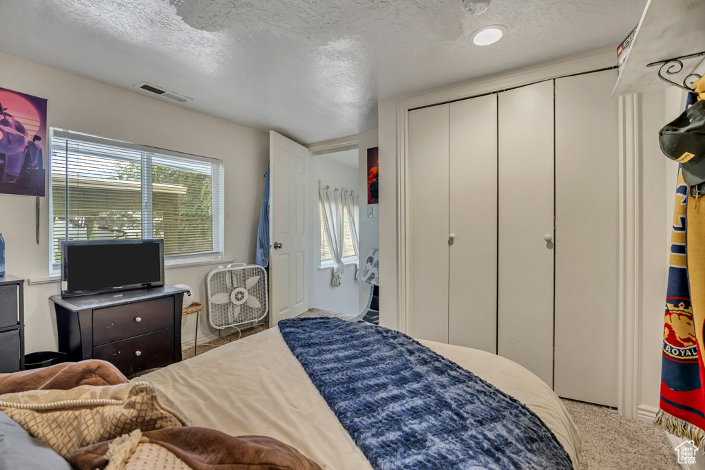 Carpeted bedroom with a textured ceiling and a closet