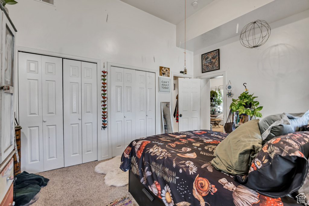 Carpeted bedroom with multiple closets and a towering ceiling